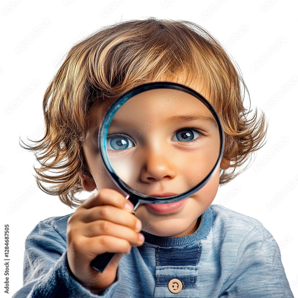 Little child holding magnifying glass on white or transparent background showing creativity, curiosity and pioneer spirit. Little child holding magnifying glass on white or transparent background showing creativity, curiosity and pioneer spirit.