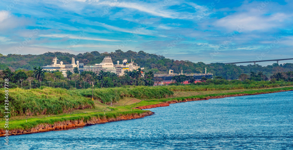 Fototapeta premium Passenger and a container ships crossing the Gatún locks, Panama Canal, Colón, Panama