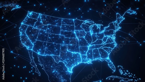 Digital map of the United States, showcasing interconnectedness and data flow across the nation. Glowing lines and points illustrate a complex network.