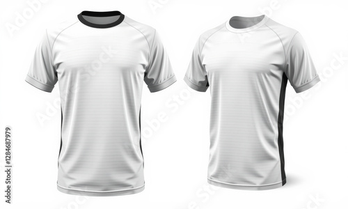 pair of white sports jerseys with black accents, ideal for athletic wear and team uniforms. Perfect for showcasing designs or branding