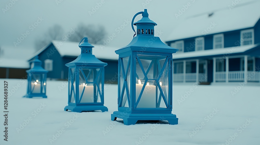 Blue Lanterns Illuminate a Snowy Path with White Candle Light Blue Lanterns Illuminate a Snowy Path with White Candle Light
