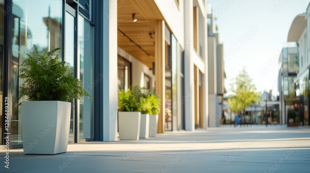 A sidewalk with a row of potted plants on it A sidewalk with a row of potted plants on it