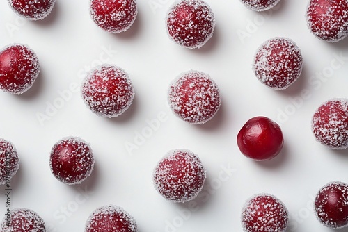 Sweet red sugared plums pattern with one off-pattern plum on white background