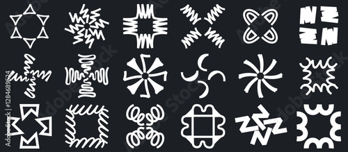 Doodle art vector illustration. Creative and fun, cute, black and white geometric elements of circles, arrows, curves, wavy lines and decorative symbols for graphic backgrounds, design and decoration.