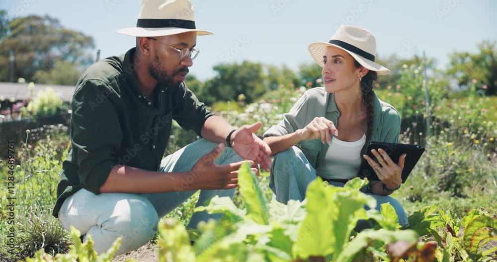 Farm, inspection and man and woman on tablet with plants to check vegetable growth, crop health and harvest. Agriculture, nature and farmers on digital tech for environment, ecology and online review