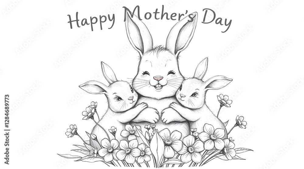 Obraz premium Mama rabbit with two baby rabbits, Mother's Day card