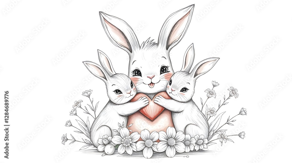 Fototapeta premium Mama rabbit with two baby rabbits, Mother's Day card