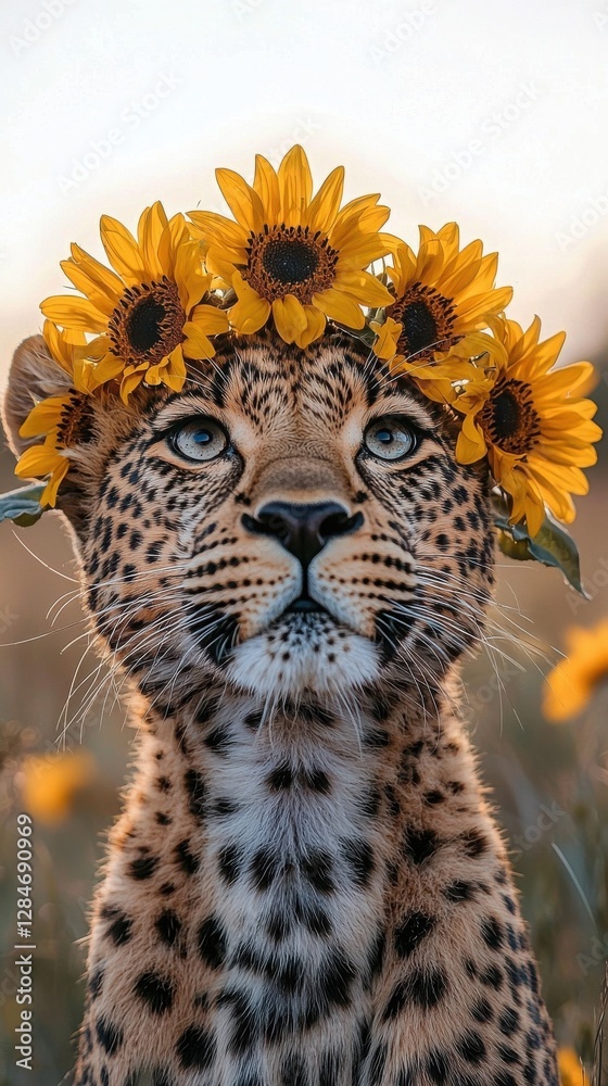Naklejka premium Majestic leopard adorned with a vibrant sunflower crown, basking in the golden hour light. A captivating portrait of nature's beauty.