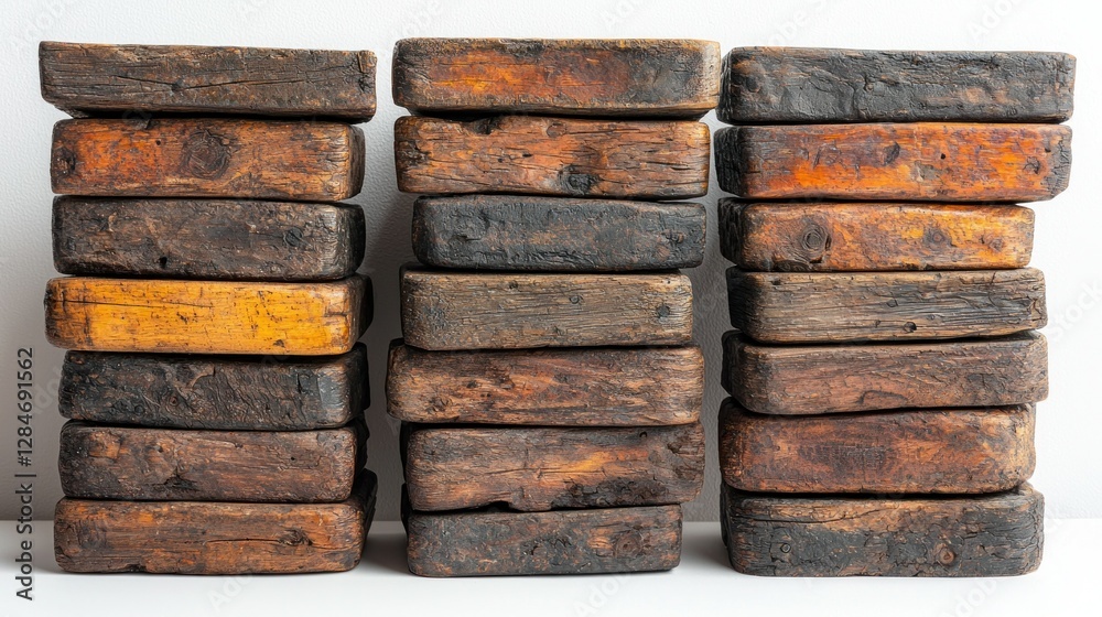 Stacked antique wooden blocks on white background Stacked antique wooden blocks on white background