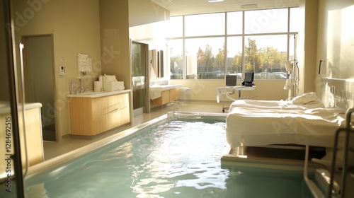 Modern Hospital Room with Birthing Pool: Sunlit Interior, Calm Ambiance