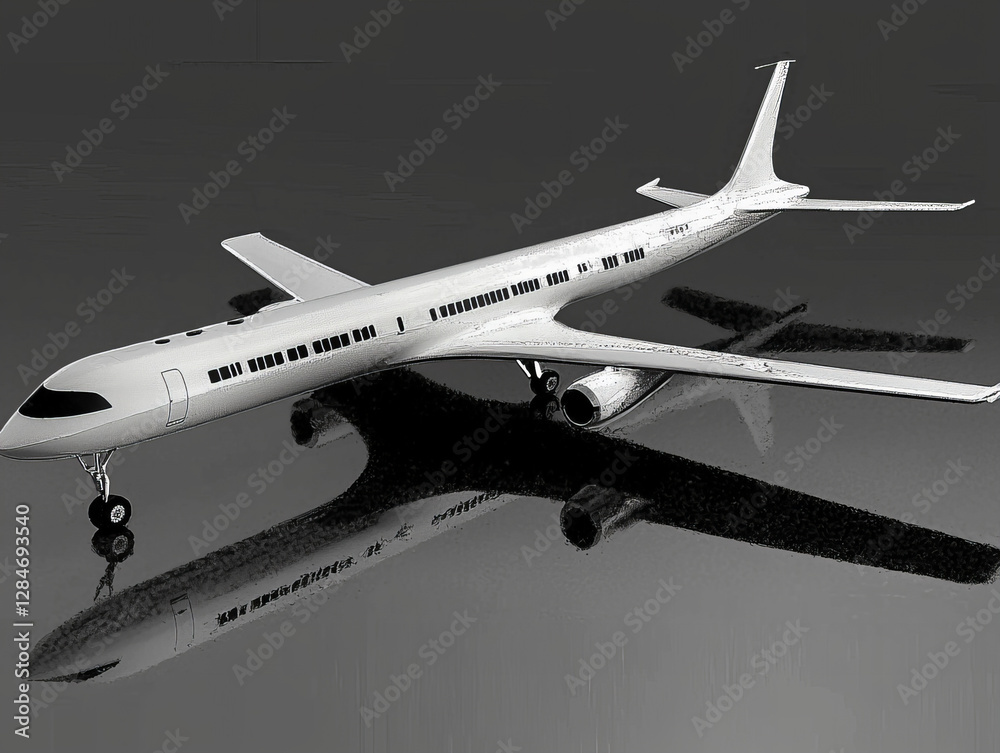 Model airplane displayed on a reflective surface in a well-lit studio environment during daytime hours Model airplane displayed on a reflective surface in a well-lit studio environment during daytime hours