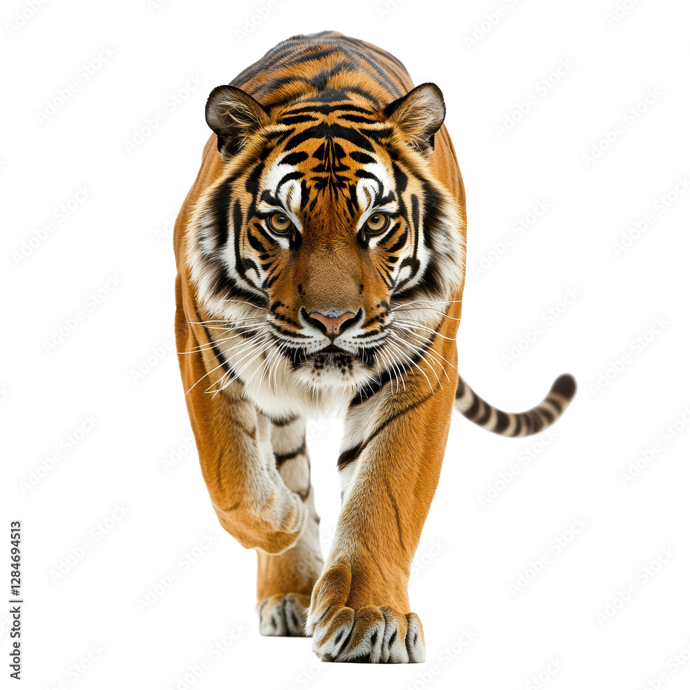 Isolated Majestic Tiger Walking Towards Camera with Intense Gaze Isolated Majestic Tiger Walking Towards Camera with Intense Gaze
