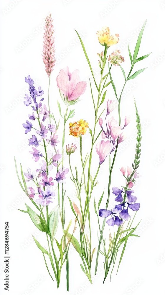Obraz premium Colorful wildflowers capture the essence of nature in a delicate watercolor illustration, celebrating the beauty of a summer meadow