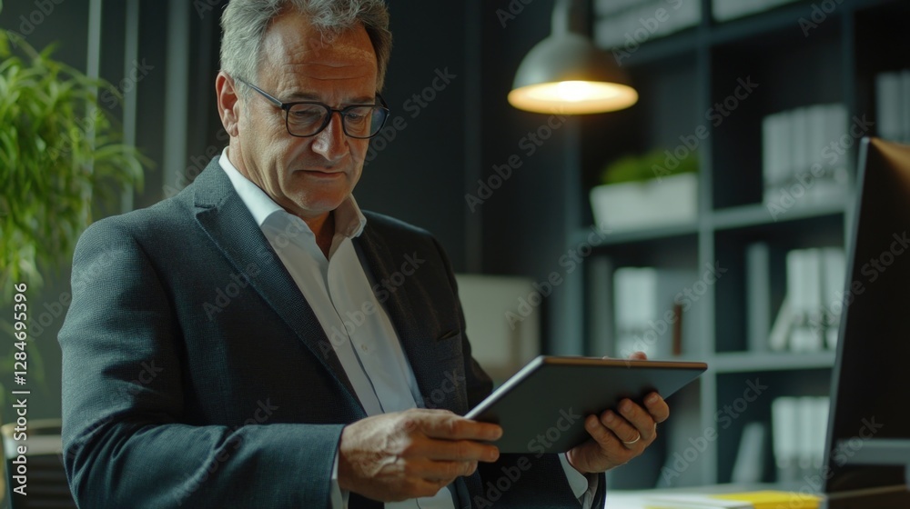Man in suit holding tablet computer. Man in suit holding tablet computer.