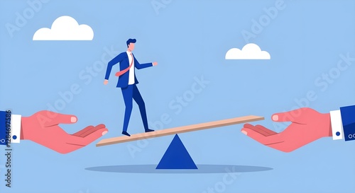 A businessman balances on a seesaw supported by two hands, symbolizing support, teamwork, and equilibrium in business dynamics.
