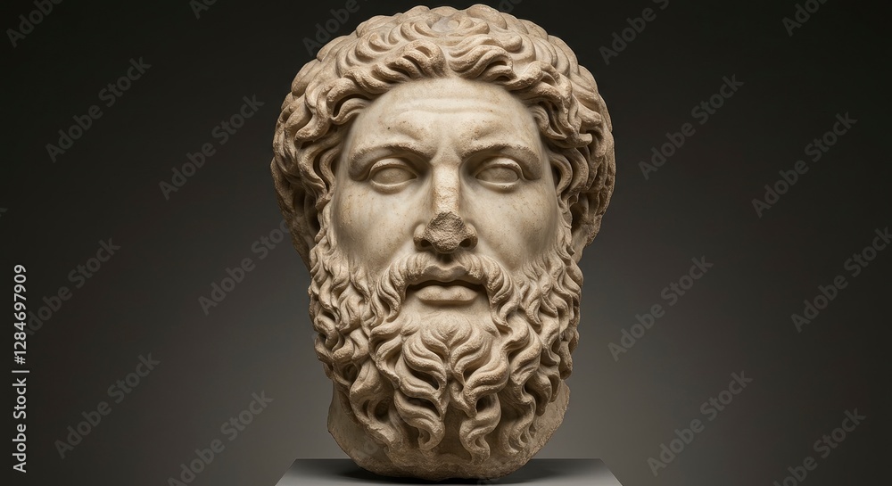 Close-up of Marble Sculpture Head with Curly Hair and Beard Close-up of Marble Sculpture Head with Curly Hair and Beard