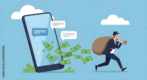 A businessman escapes with money from a smartphone, illustrating themes of digital transactions and financial gain.