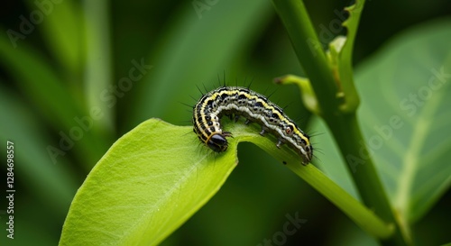 Caterpillar Eating a Green Leaf in the Garden Environment Macro photo