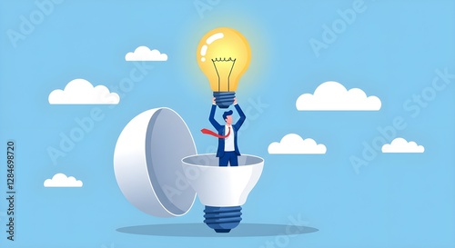 A creative illustration shows a person inside a light bulb, holding a glowing light bulb above their head, symbolizing innovation and bright ideas.
