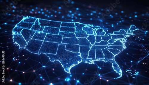Digital map of the United States, showcasing interconnectedness and data flow across the nation. Glowing blue lines represent the network's intricate structure.