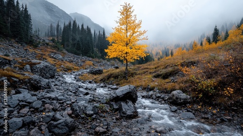 Autumnal mountain stream with lone golden tree photo