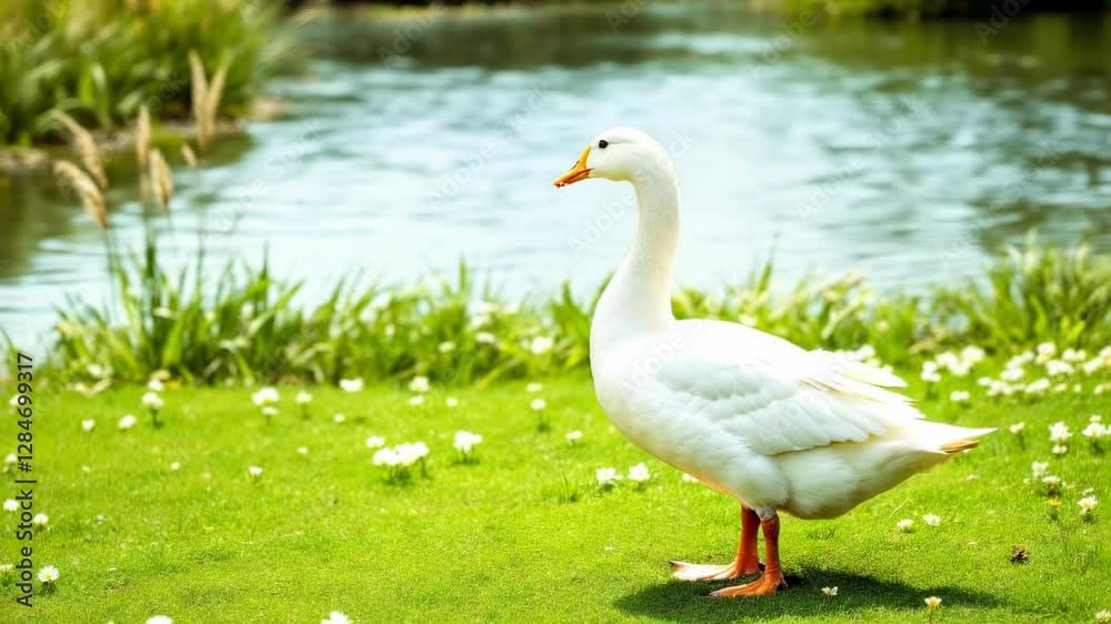 Elegant White Goose Standing by the Pond on a Sunny Day Elegant White Goose Standing by the Pond on a Sunny Day
