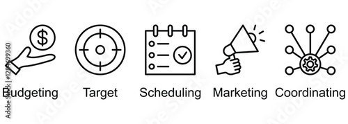 Event Management banner web icon vector illustration of budgeting, target, scheduling, marketing, coordinating