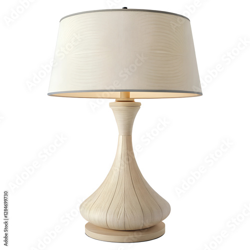 Beige table lamp with a fabric shade on a transparent background.