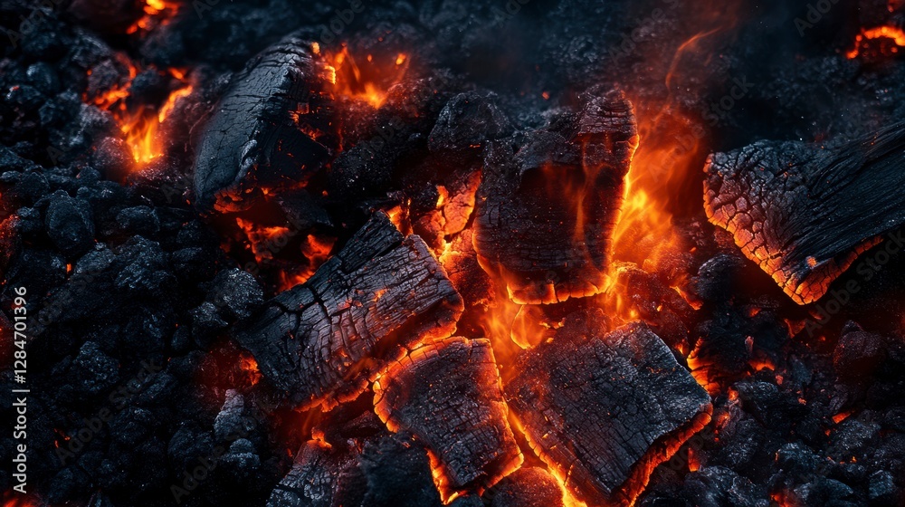 Burning charcoal embers glowing intensely Burning charcoal embers glowing intensely