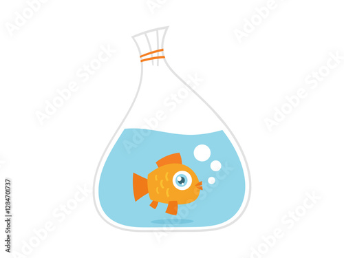Cute goldfish cartoon fish in plastic bag. Vector isolated illustration.