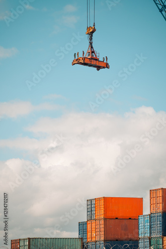 Wallpaper Mural A large industrial crane hook and spreader lifting mechanism is suspended in the air against a bright blue sky with scattered clouds at a busy shipping port, above stacked cargo containers Torontodigital.ca