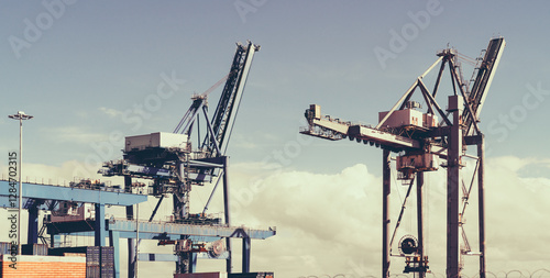 Telephoto shot of an industrial shipping port with large container cranes for loading and unloading cargo. Massive metal structures with mechanical arms against a cloudy sky. Global trade hub photo