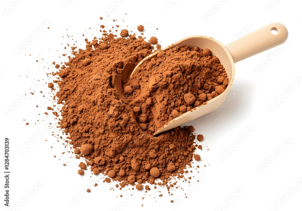Brown cocoa powder spills from a light beige scoop. Isolated on a white background. Closeup view of the powdered ingredient. Chocolate flavor. Looks delicious. Brown cocoa powder spills from a light beige scoop. Isolated on a white background. Closeup view of the powdered ingredient. Chocolate flavor. Looks delicious.
