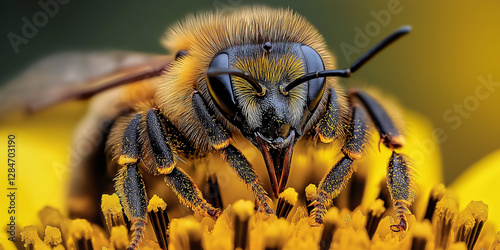 Honey bee pollinating yellow flower close up macro photography
