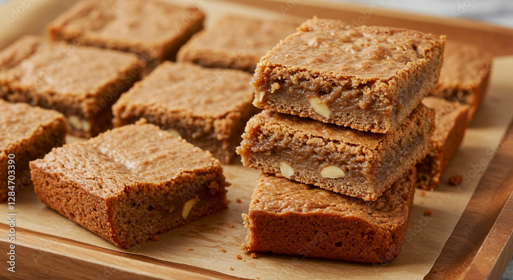 A keto-friendly almond butter blondie, cut into perfect squares with a gooey center, stacked neatly on a parchment-lined wooden tray. A keto-friendly almond butter blondie, cut into perfect squares with a gooey center, stacked neatly on a parchment-lined wooden tray.