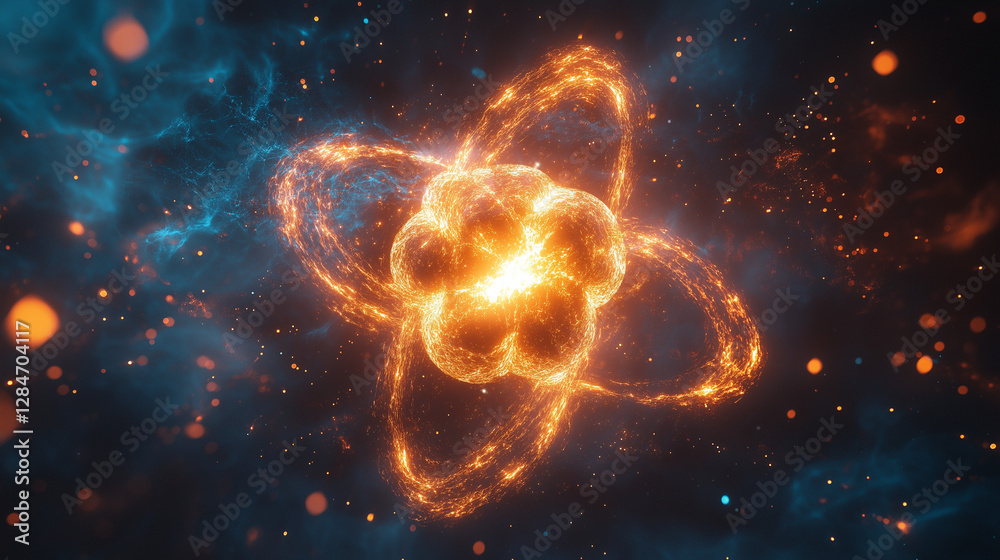 Obraz premium A mesmerizing display of swirling colors and radiant energy captures the essence of an atom, symbolizing the wonders of physics and the beauty of the cosmos