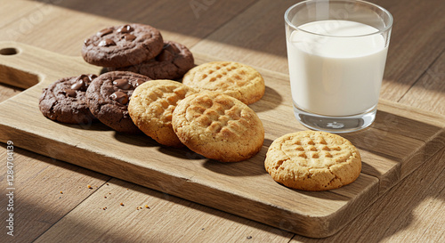 A rustic wooden board displaying an assortment of keto cookies—chocolate chip, snickerdoodle, and peanut butter, with a glass of almond milk nearby.
