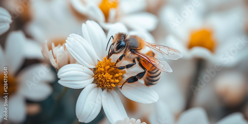 Honey bee pollinating white daisy flower in spring garden