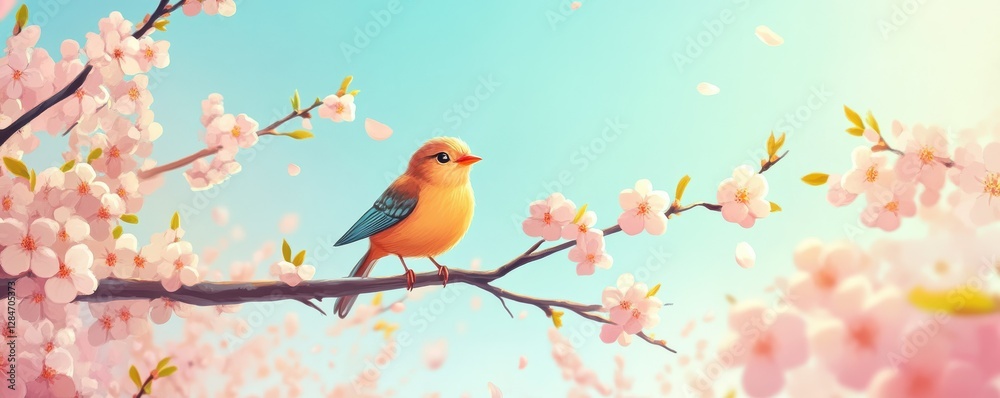 Fototapeta premium Colorful bird resting amid cherry blossoms on a sunny day