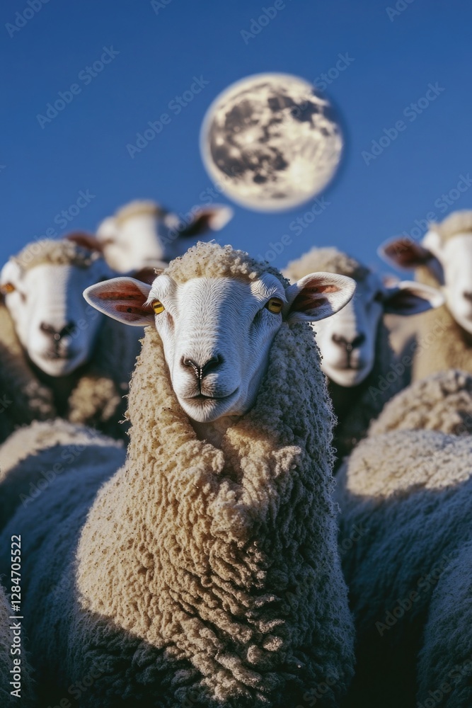 Fototapeta premium A peaceful image of sheep at night under the full moon, with a calm and serene atmosphere.