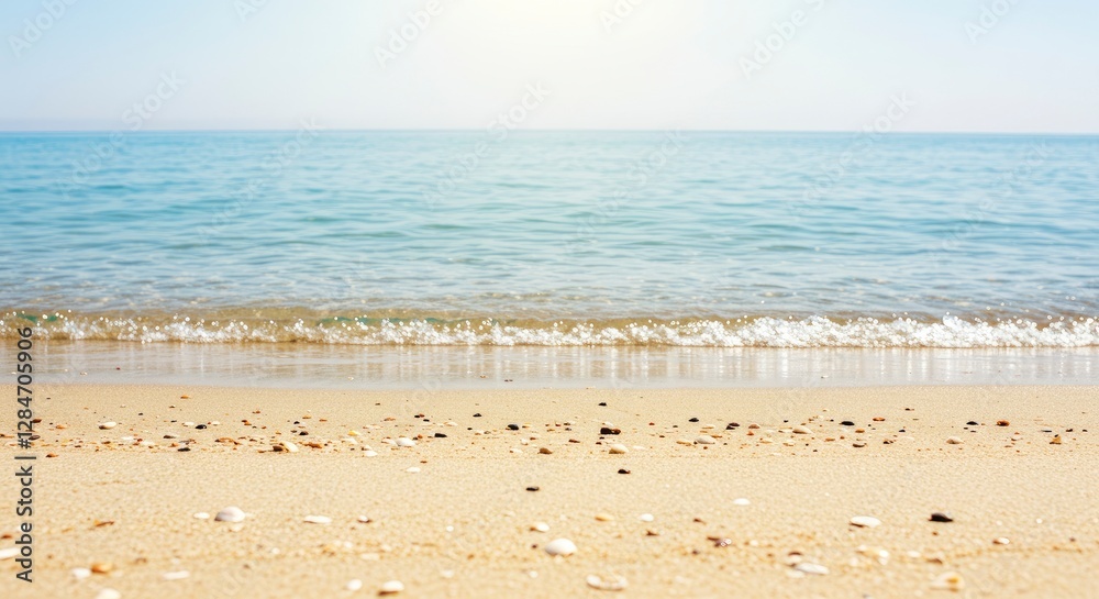 Gentle Ocean Wave Rolling Onto Sandy Beach on Sunny Day Gentle Ocean Wave Rolling Onto Sandy Beach on Sunny Day