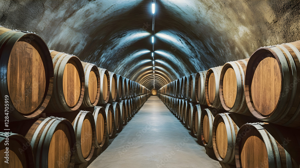 Viticultural storage tunnel with wooden barrel arrangement Viticultural storage tunnel with wooden barrel arrangement