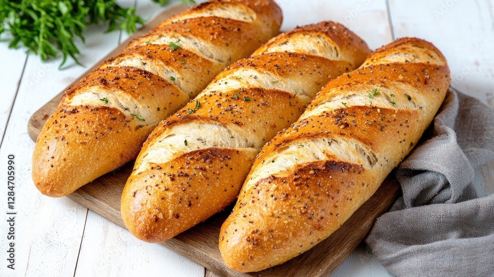 Freshly Baked Baguettes on Wooden Board Freshly Baked Baguettes on Wooden Board