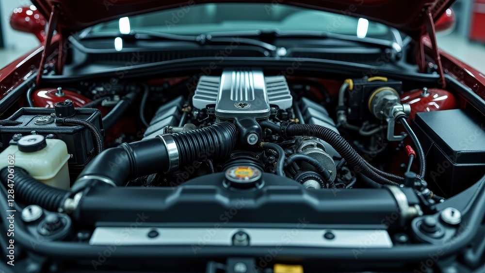 Fototapeta premium Engine bay cleaning, Close-up front view of a pristine engine bay glowing under artificial garage lights in a workshop showcasing hyper-reali