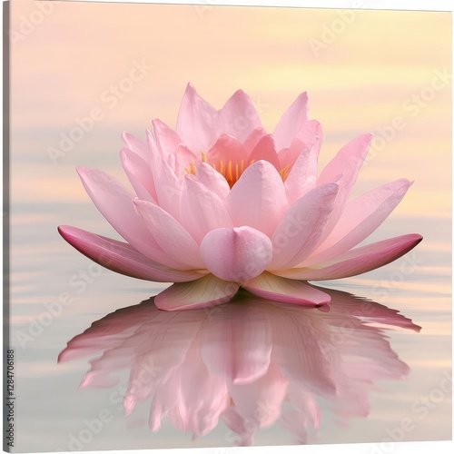 Delicate Pink Lotus Bloom Exuding Serene Elegance and Spiritual Purity in a Tranquil Reflective Water Garden Oasis of Natural Grace