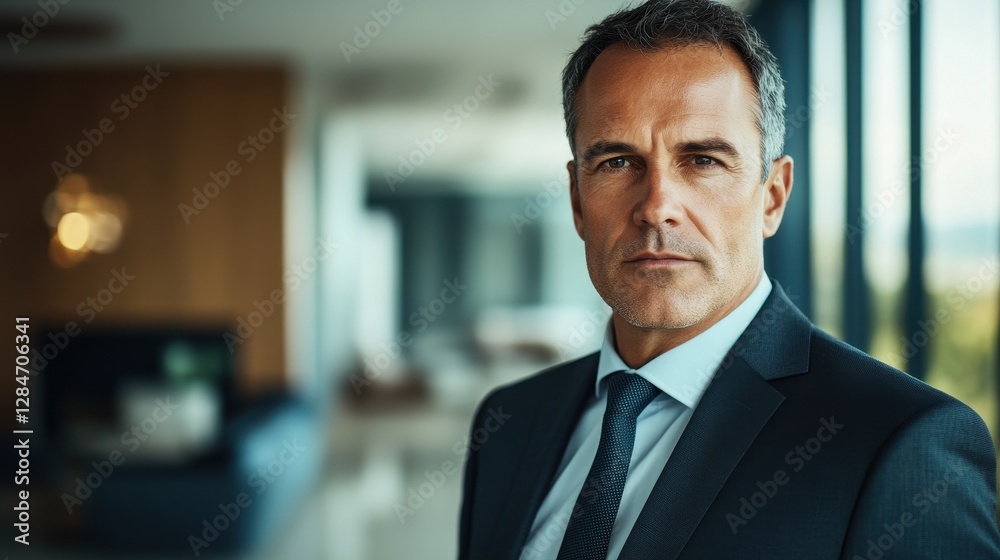 A confident middle-aged European man dressed in a professional suit, captured indoors. His serious expression conveys a sense of leadership and maturity in a contemporary office setting. A confident middle-aged European man dressed in a professional suit, captured indoors. His serious expression conveys a sense of leadership and maturity in a contemporary office setting.