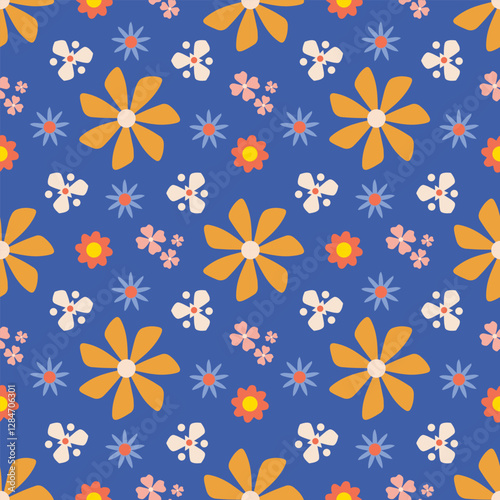 Seamless pattern with orange flowers on blue background