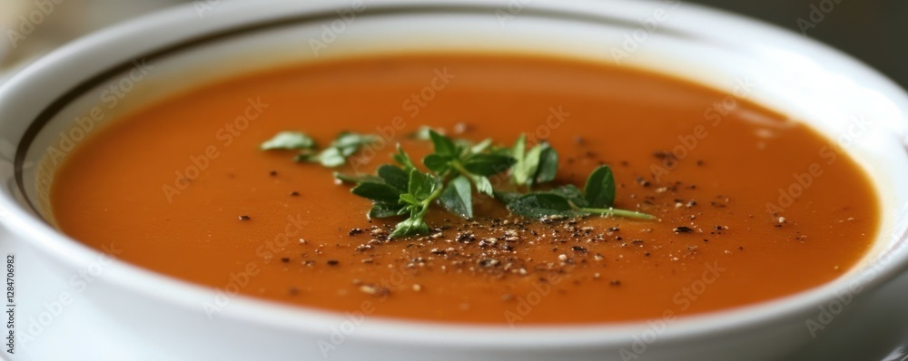Delicious tomato soup garnished with fresh herbs and black pepper Delicious tomato soup garnished with fresh herbs and black pepper