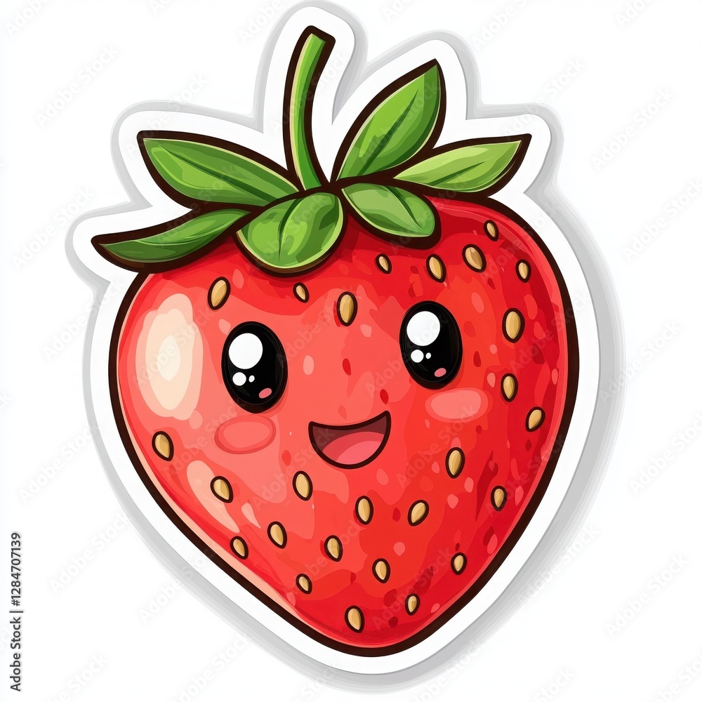 Obraz premium Adorable cartoon strawberry sticker with a cheerful expression. Perfect for adding a sweet touch to any project!