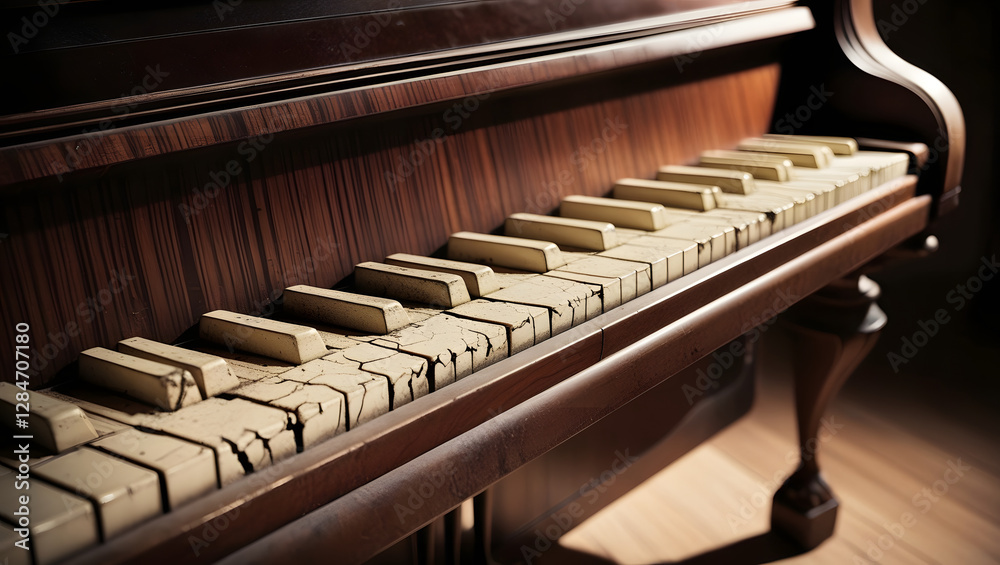 a high-contrast, cinematic photograph of worn, ivory-colored vintage piano keys with subtle cracks and yellowing, set against the rich, dark brown wood grain of an antique upright piano, with soft a high-contrast, cinematic photograph of worn, ivory-colored vintage piano keys with subtle cracks and yellowing, set against the rich, dark brown wood grain of an antique upright piano, with soft